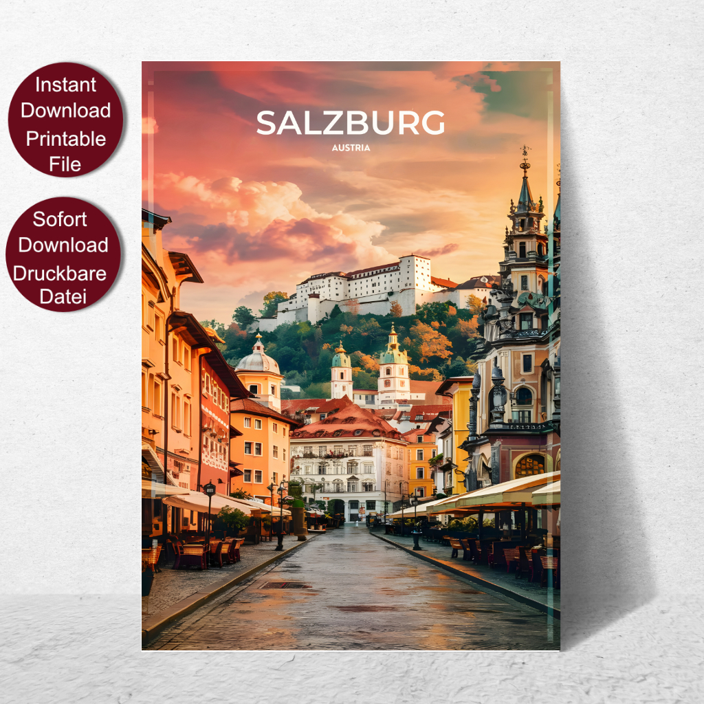 Vintage Reise Poster von Salzburg bei Sonnenuntergang mit Blick auf die Festung Hohensalzburg und historische Gebäude in der Altstadt.
