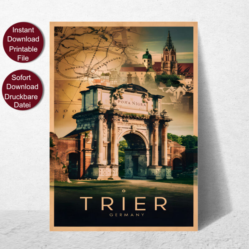Gerahmtes Travel Poster von Trier mit dem berühmten Tor Porta Nigra