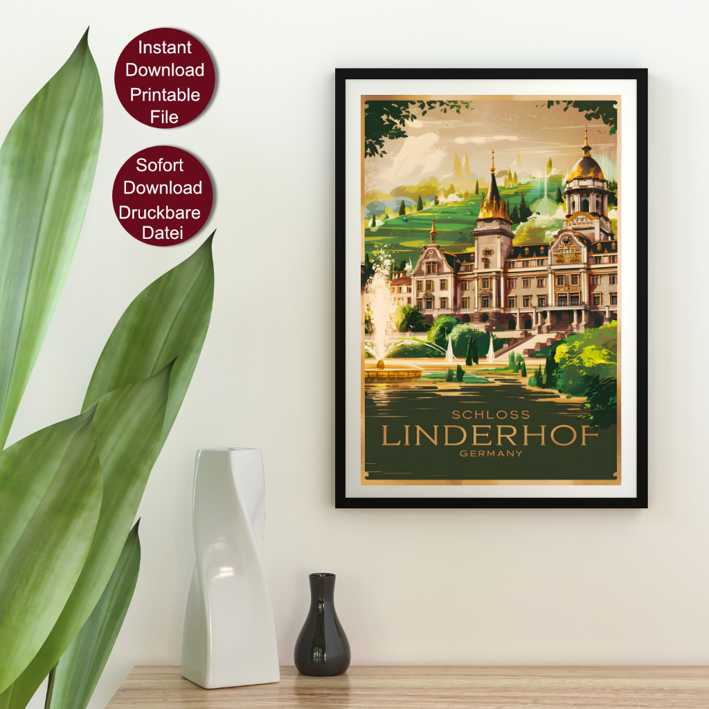 Retro Travel Poster von Schloss Linderhof in Deutschland mit goldener Kuppel, Fontäne und Garten vor grünen Hügeln mit dem Text 'Schloss Linderhof Germany'.