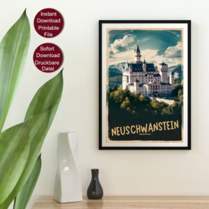 Retro Stil Reise Poster von Schloss Neuschwanstein in Bayern, Deutschland, mit Alpen im Hintergrund und der Aufschrift 'NEUSCHWANSTEIN GERMANY' in goldenen Lettern.