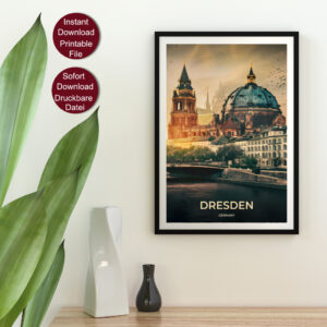 Retro Travel Poster von Dresden mit Blick auf die Elbe und historische Gebäude im Sonnenuntergang, betitelt mit 'DRESDEN GERMANY'.