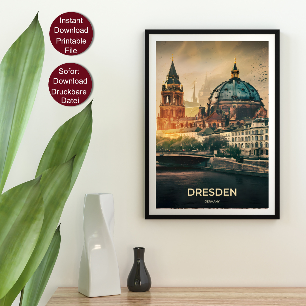 Retro Travel Poster von Dresden mit Blick auf die Elbe und historische Gebäude im Sonnenuntergang, betitelt mit 'DRESDEN GERMANY'.
