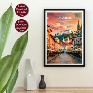 Vintage Reise Poster von Salzburg bei Sonnenuntergang mit Blick auf die Festung Hohensalzburg und historische Gebäude in der Altstadt.