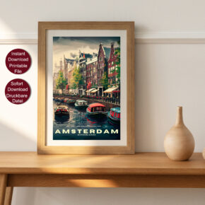 Gerahmtes Reise Poster mit einer typischen Szene in Amsterdam. Boote auf einem Kanal durch Amsterdam, an der Kaimauer entlang sind Straßencafés