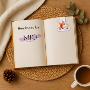 Magnetisches Lesezeichen mit herbstlichem Eichhörnchen-Aquarellmotiv.