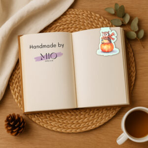 Magnetisches Lesezeichen mit Aquarell-Eule auf einem Kürbis.