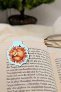 Aquarell-Lesezeichen mit Fuchs im Herbstkranz.