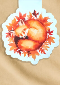 Aquarell-Lesezeichen mit Fuchs im Herbstkranz.