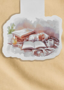 Magnetisches Lesezeichen mit Aquarell-Leseecke (Buch, Tee, Kerze).