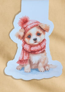 Magnetisches Lesezeichen mit Aquarellhund im rosa Schal.