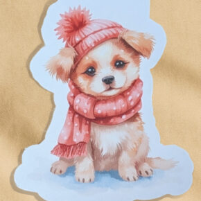 Magnetisches Lesezeichen mit Aquarellhund im rosa Schal.