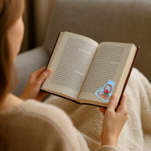 Magnetisches Lesezeichen mit Igel und Apfelkorb im Aquarellstil.