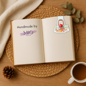 Magnetisches Lesezeichen mit Igel und Apfelkorb im Aquarellstil.