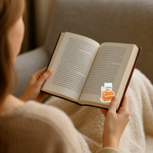 Magnetisches Lesezeichen mit Aquarellmotiv Teetasse und Bücherstapel.
