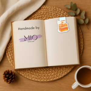 Magnetisches Lesezeichen mit Aquarellmotiv Teetasse und Bücherstapel.