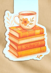 Magnetisches Lesezeichen mit Aquarellmotiv Teetasse und Bücherstapel.